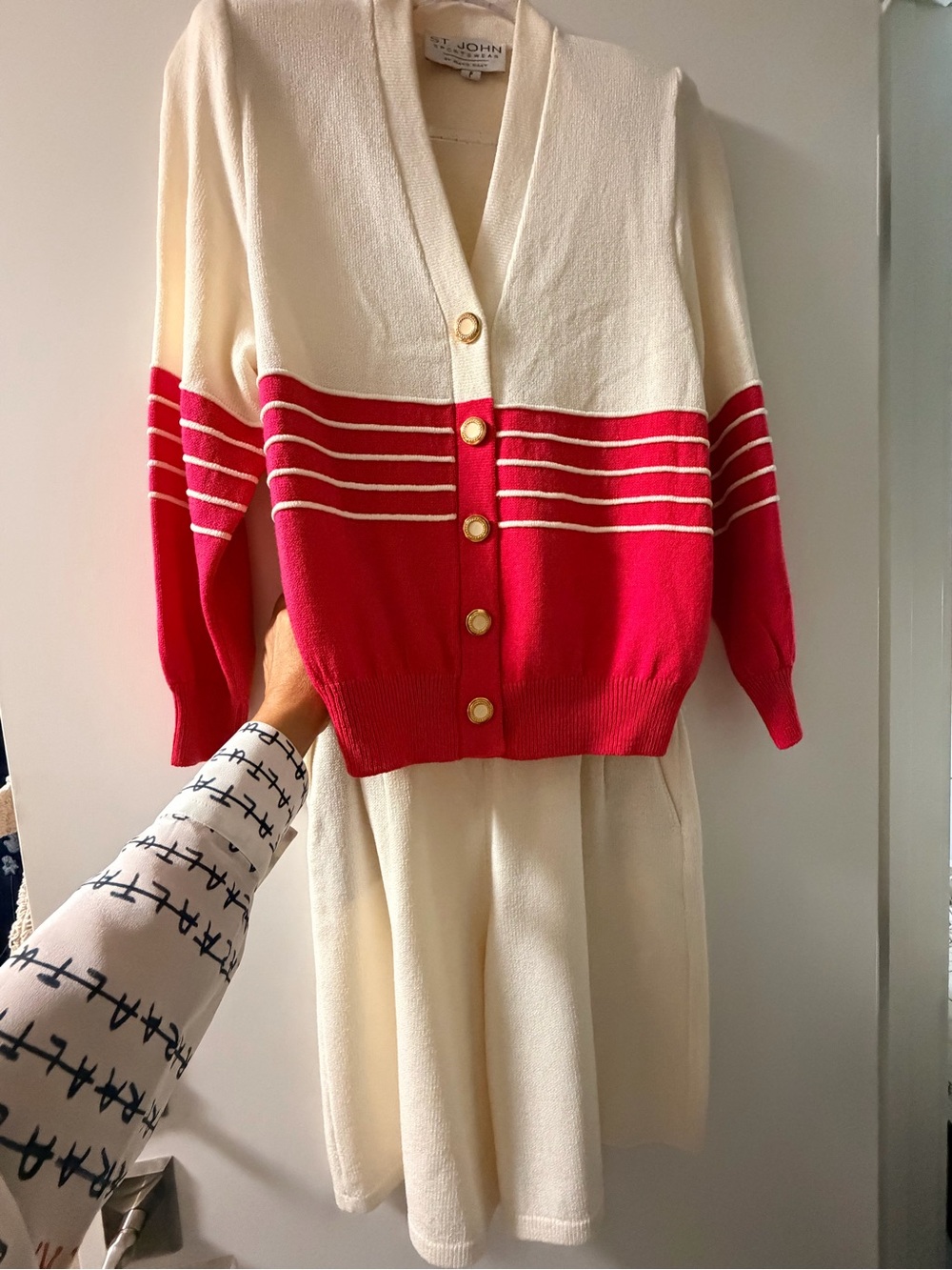 Cream and Red-pink Striped Button-Front Cardigan Sweater and skirt set